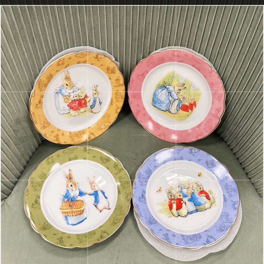 Set of 4 Peter Rabbit Themed Decorative 7.5” Plates - Yellow Pink Green Blue